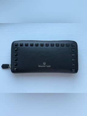 Valentino Black Rockstud Zip Wallet in Pebbled Leather